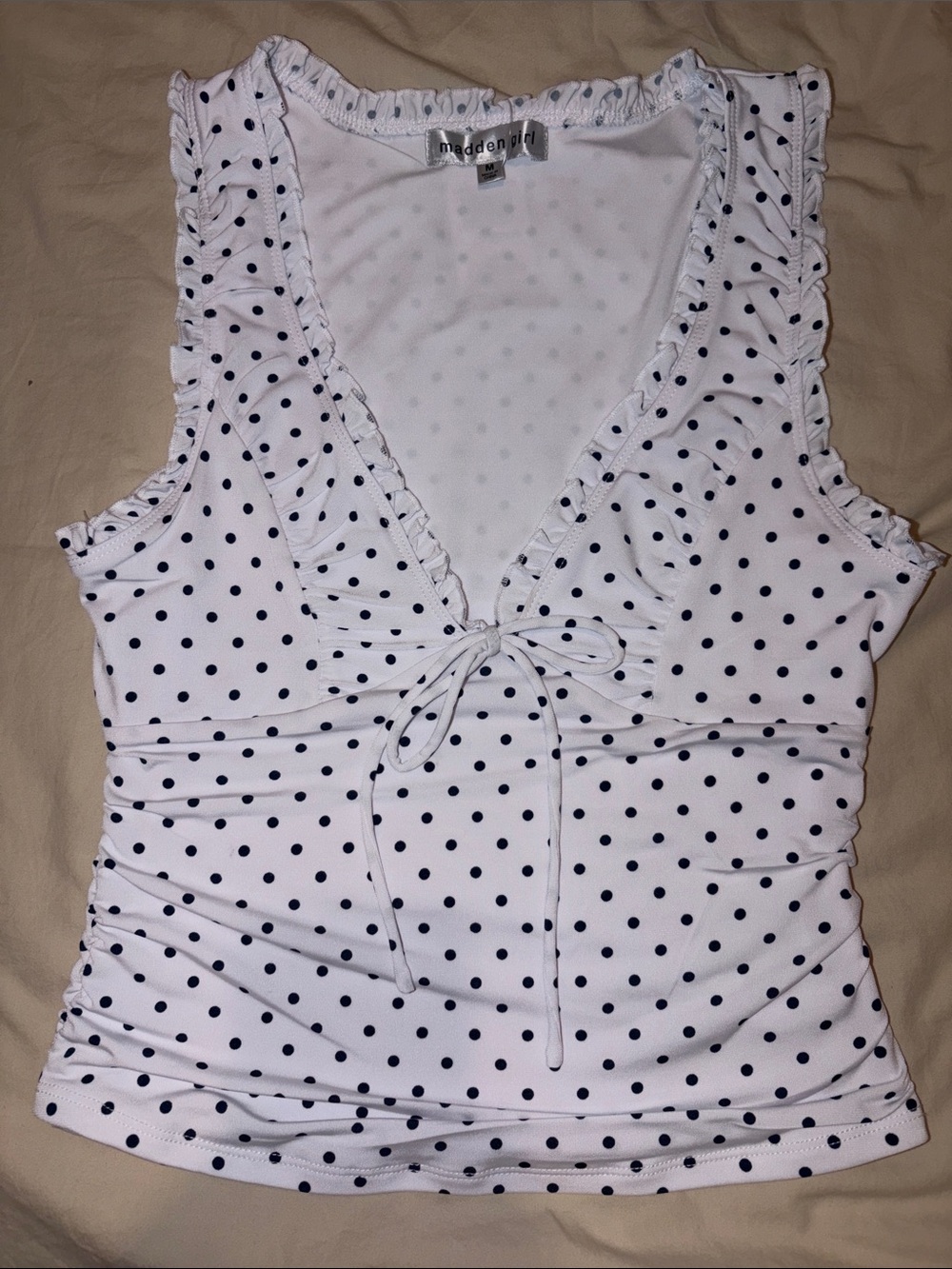 Madden Girl White - Polka Dot Ruffle Tie-Front Camisole